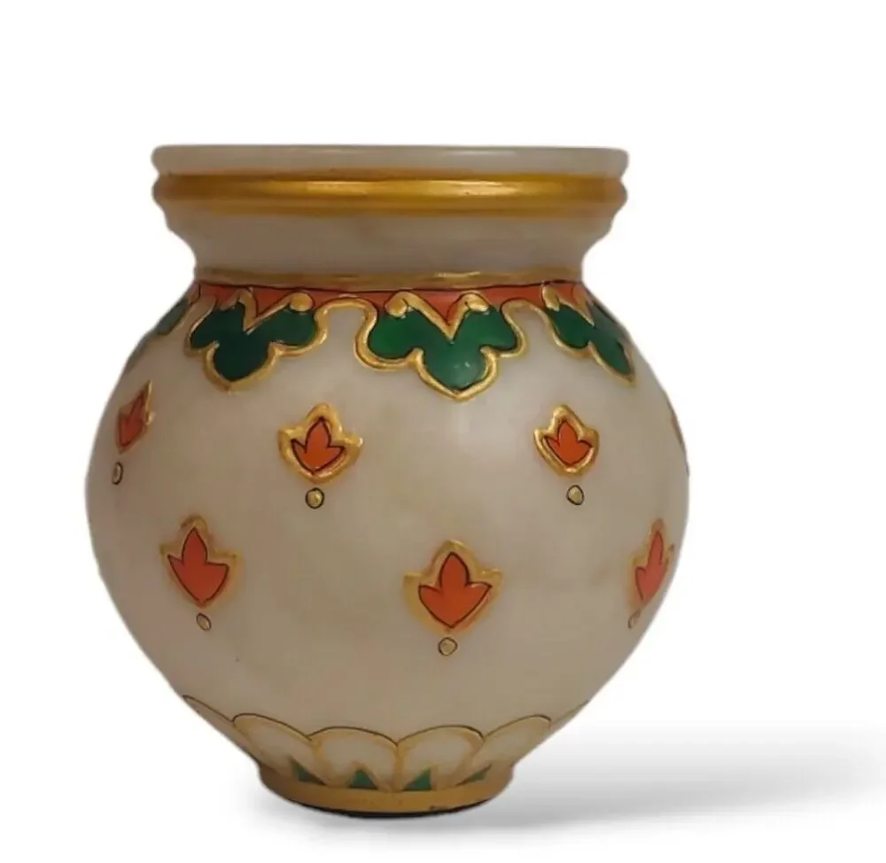 Stone Vase Cream with Orange Green & Gold Painting Small 3.5